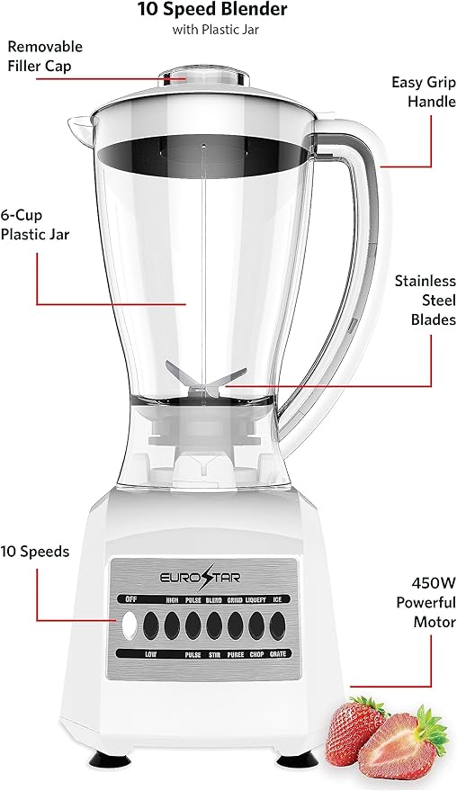 EUROSTAR EBL820WH 450W 10-Speed Plastic Jar Blender White