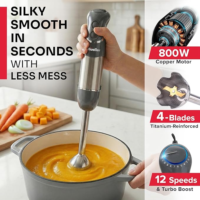 Mueller Multistick 5-in-1 Immersion Blender Handheld12 Speed Hand Mixer-Turbo BoostHeaviest Duty Copper MotorTitanium reinforced Blades Hand BlenderMilk Frother WandWhiskBeakerChopperGrey
