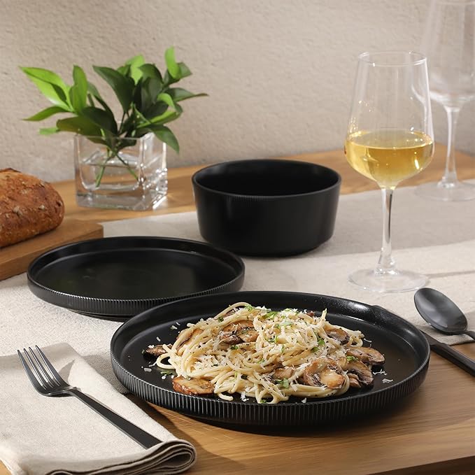 Gibson Home Dempsey Road 12-Piece Stoneware Dinnerware Set – Service for 4 Round Black Plates and Bowls Durable Solid Color Modern Embossed Dish Set Microwave &amp Dishwasher Safe