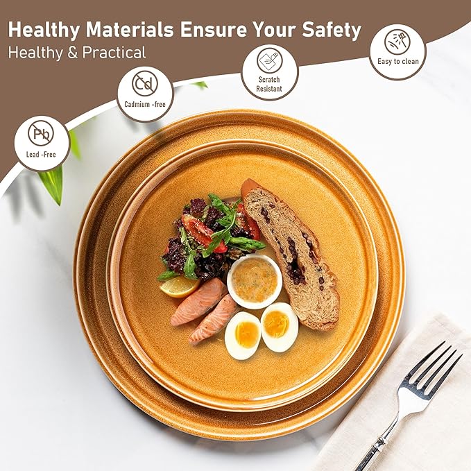 GBHOME Ceramic Dinnerware Sets for 8 24 Pieces Stoneware Plates and Bowls Sets Scratch Resistant Dishes Dishwasher &amp Microwave Safe Reactive Glaze-Amber