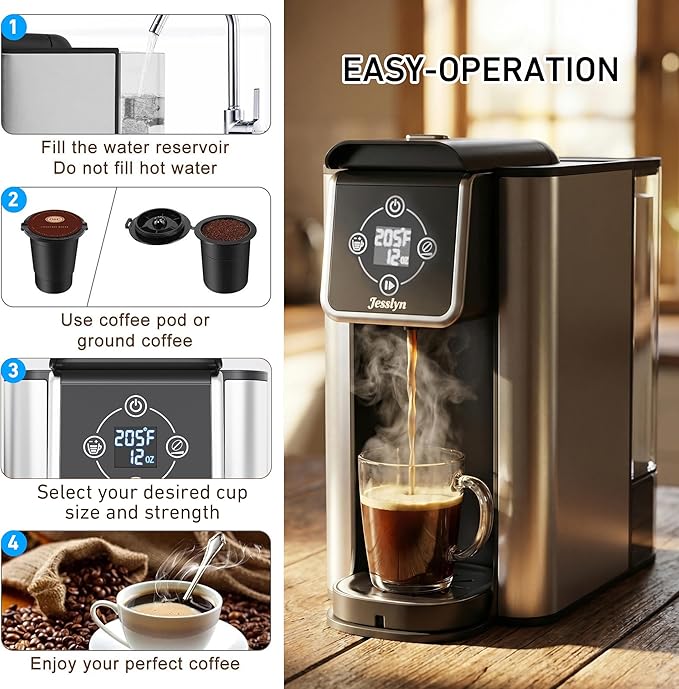 Jesslyn Single Serve Coffee Maker with Bold Setting 52oz Removable Water Tank Compatible with Coffee Pods &amp Grounds 6-14oz Adjustable Brew Sizes Includes Reusable Filter (Black)