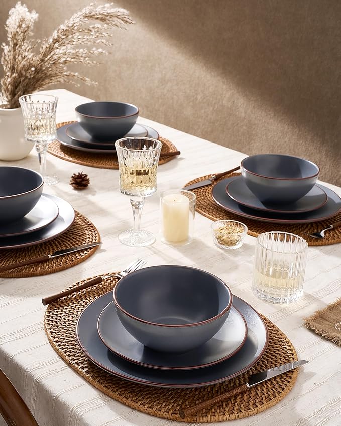 Famiware Venus Plates and Bowls Sets 18 Pieces Stoneware Speckled Dinnerware Dishes Set for 6 Matte Charcoal - Microwave &amp Dishwasher Safe Modern Minimalist for Everyday Meals &amp Formal Din