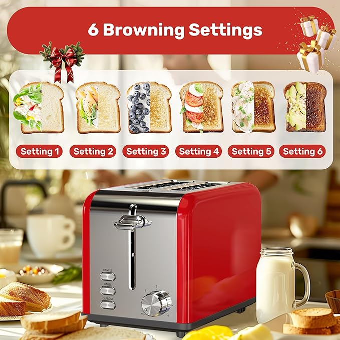 YSSOA Stainless Steel Toaster 2 Slice with Extra Wide Slot &amp Removable Crumb Tray 6 Shade Settings and Bagel/Defrost/Cancel Functions Compact Oven for Various Bread &amp Waffle Red New