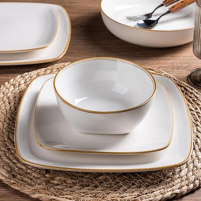 AmorArc Ceramic Dinnerware Sets for 4 12 Pieces Square Handpainted Plates and Bowls Set Chip and Scratch Resistant Stoneware Dishes Set Dishwasher &amp Microwave Safe Pearl White