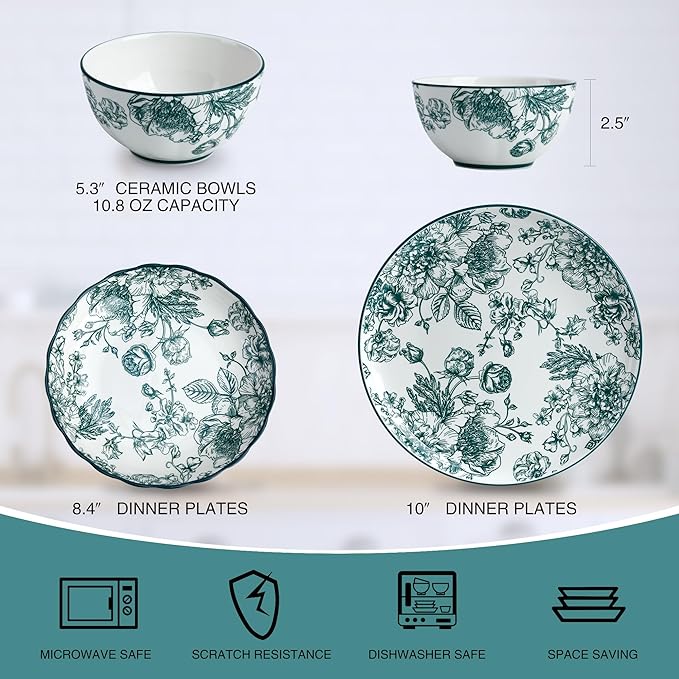12-Piece Floral Porcelain Dinnerware Set Service for 4 Green Pattern Plates and Bowls Microwave and Dishwasher Safe