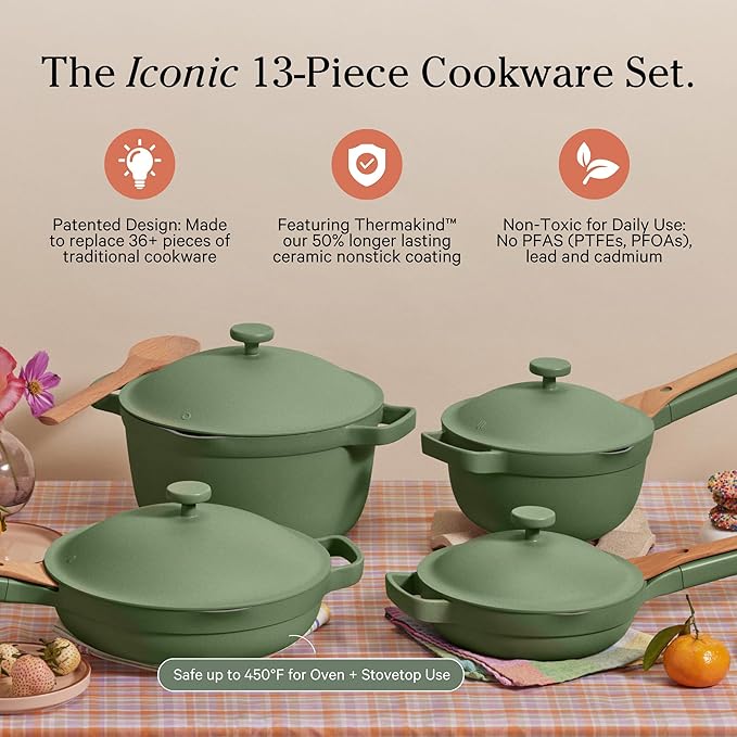 Our Place Cookware Set - Complete 13-Piece Set Including Always Pan 2.0 Mini Always Pan Perfect Pot and Mini Perfect Pot | Multifunctional Toxin-Free Nonstick | Replaces 36 Pieces | Sage