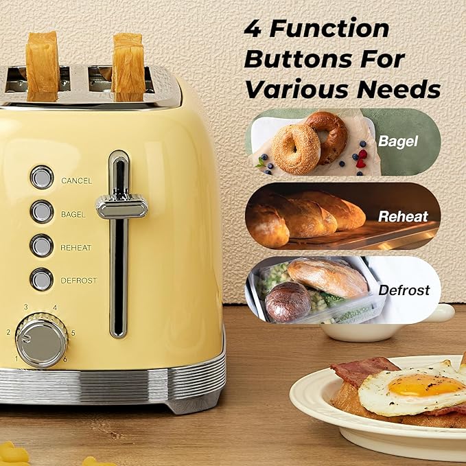 Toaster 2 Slice Retro Stainless Steel with 1.5” Extra Wide Slots Bagel Defrost Reheat Cancel Functions 6 Bread Shade Settings Removable Crumb Tray Yellow