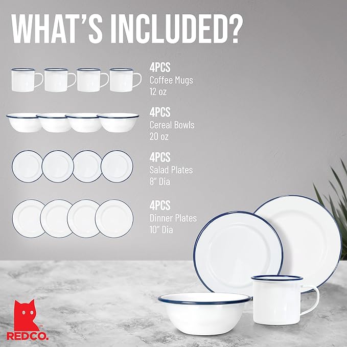 Red Co. 16-Piece Enamelware Metal Dinnerware Set for 4 Solid White/Navy Blue Rim