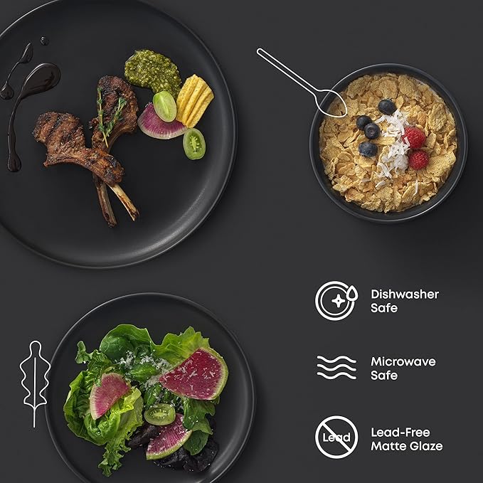 JoyJolt Mesa Stoneware Dinnerware Set 18-Piece Plates and Bowls Sets Includes Dinner Plates Salad Plates and Cereal and Soup Bowls Modern Farmhouse Matte Black Dish Set for 6