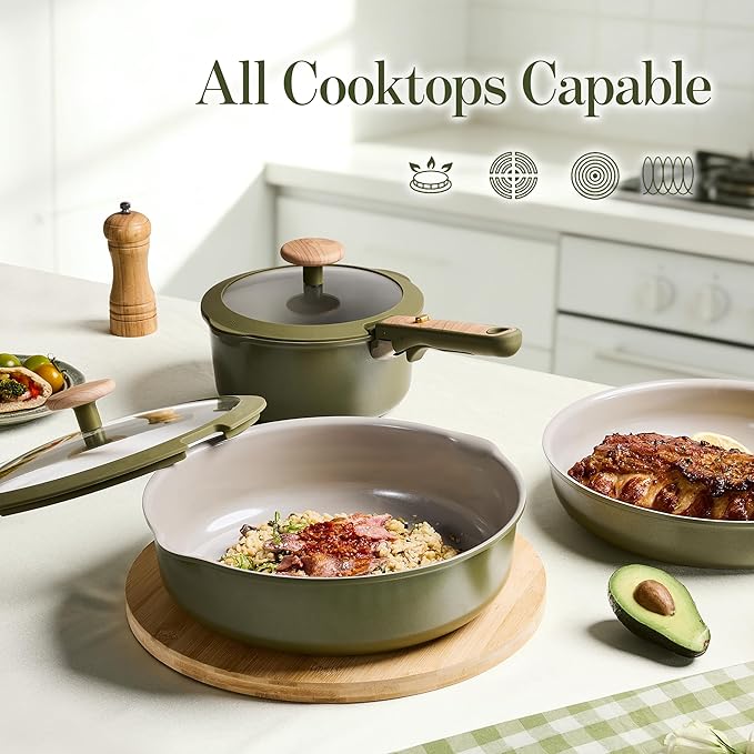 CAROTE 18 Pcs Ceramic Cookware Set Detachable Handle Non Toxic Pots and Pans Set Non Stick Induction Kitchen Cookware Removable Handles Oven Safe Stackable RV/Camping Cooking Set Green