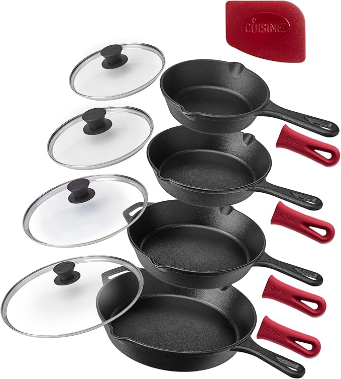 Cuisinel 6+8+10+12-Inch Cast Iron Skillets Set + Glass Lids + Silicone Handle Grips - Pre-Seasoned Frying Pan - Oven Cookware - Use Indoor/Outdoor Grill Stovetop Fire Camping Kitchen
