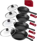 Cuisinel 6+8+10+12-Inch Cast Iron Skillets Set + Glass Lids + Silicone Handle Grips - Pre-Seasoned Frying Pan - Oven Cookware - Use Indoor/Outdoor Grill Stovetop Fire Camping Kitchen