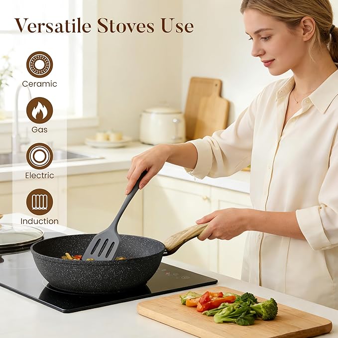 Kitchen Academy Induction Cookware Sets - 12 Piece Gray Cooking Pan Set Granite Nonstick Pots and Pans Set