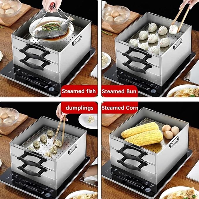 Rice Noodle Rolls Machine Stainless Steel Rice Noodle Roll Steamer Drawer Steaming Food Cookware Set for Kitchen Storage Container1 Layer