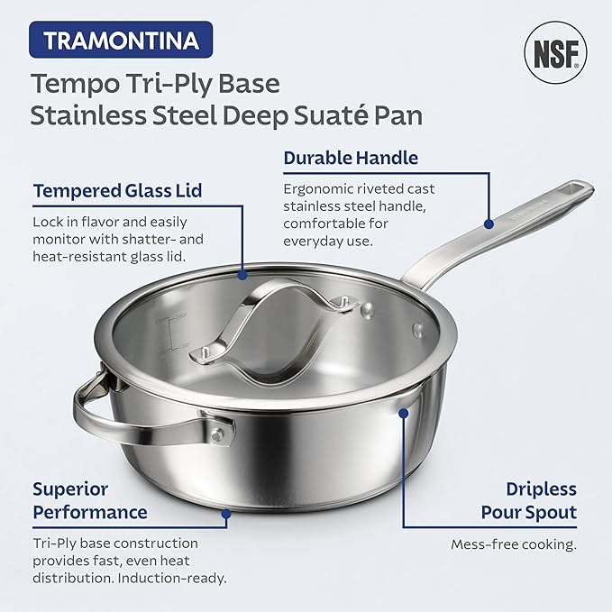 Tramontina Tempo Tri-Ply Base Stainless Steel 3.5-Quart Saute Pan with Glass Lid Induction-Ready Cooking Pan Oven-Safe Dishwasher-Safe