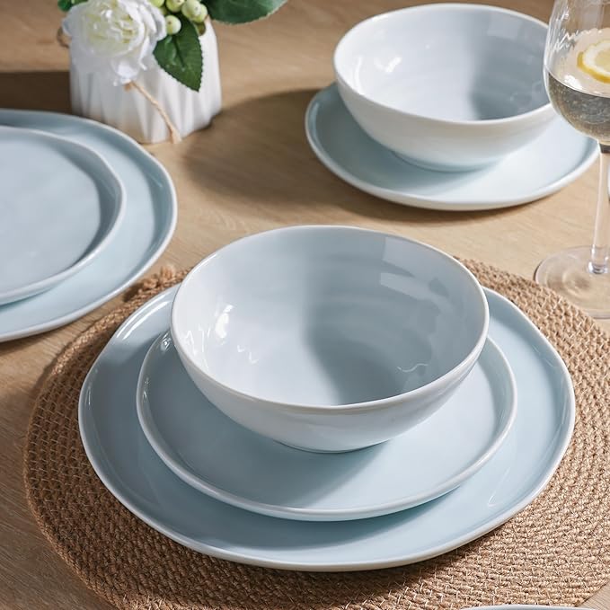 LERATIO Ceramic Dinnerware Sets for 6Porcelain Plates and Bowls Sets with Wavy EdgeMicrowave &amp Dishwasher &amp Oven SafeLight Weight &amp Scratch Resistant Dishes Sets-Light Blue(18pcs)