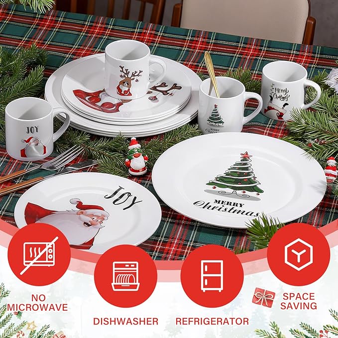 12 Piece Christmas Melamine Dinnerware Set for 4 Guest 10 Dinner Plates 8 Salad Plates 9 oz Mug Shatterproof Xmas Dishes Gift for Home Party Festive Holiday Celebrations