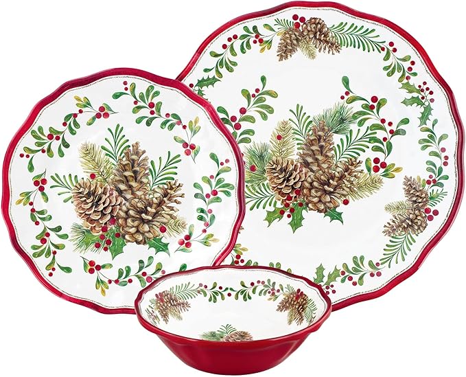 UPware 12 Piece Pinecones Melamine Dinnerware Sets Outdoor Dishes Set Plates and Bowls Sets Christmas Decorations Service for 4 Red
