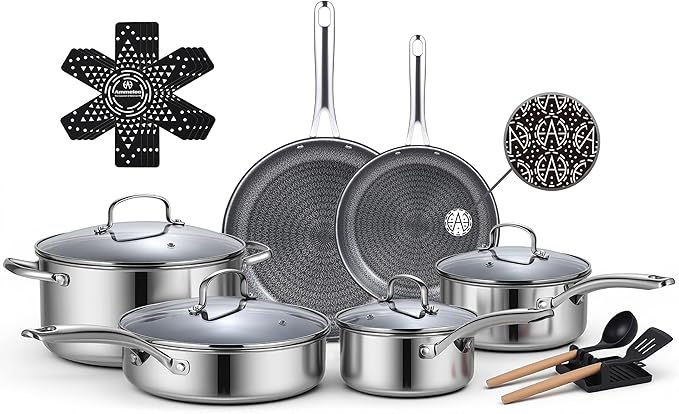 Ammeloo 17 Pcs Nonstick Stainless Steel Cookware Set Hybrid Stainless Steel Pots and Pans Set Non Stick Non Toxic Kitchen Cookware Sets Dishwasher &amp Oven Safe Induction &amp All Cooktop Compa