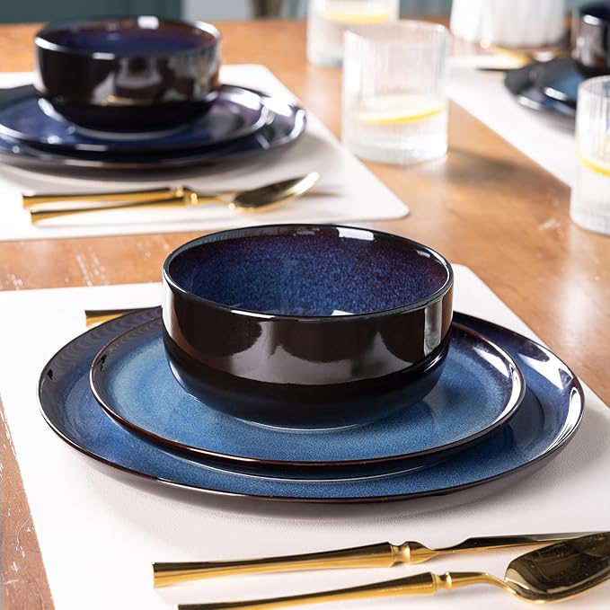 LERATIO Ceramic Dinnerware Sets for 412 Pieces Poreclain Plates and Bowls SetsScratch Resistant DishesDishwasher &amp Microwave SafeOven Safe Dishes SetService for 4 - Blue