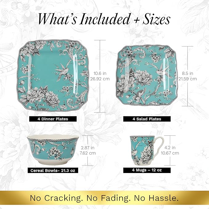 222 Fifth Adelaide 16-Piece Square Floral Dinnerware Set – Service for 4 Turquoise Porcelain Plate Bowl &amp Mug Set Chip Resistant for Everyday Dining &amp Entertainment Microwave &amp Dishwa