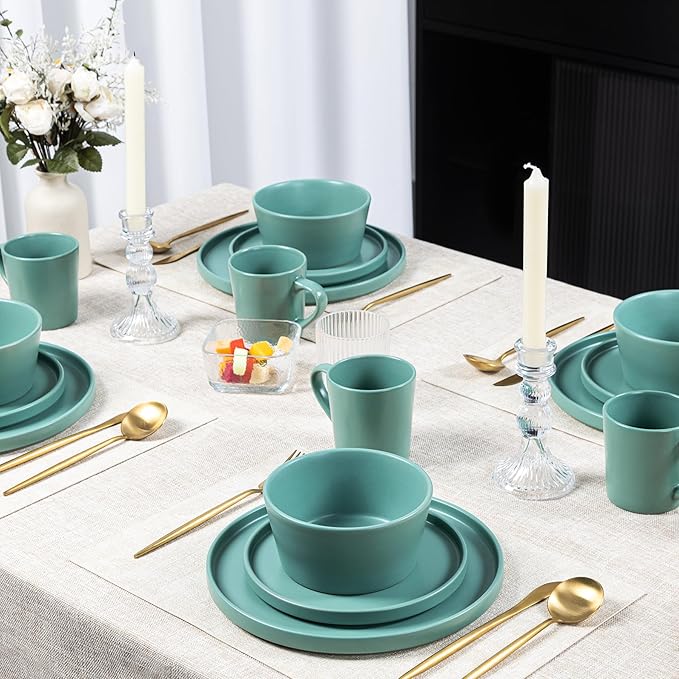 Plates and Bowls Sets for 4 - CJDC-QUELO 16 Piece Stoneware Dinnerware Sets with Mugs Ceramic Dishware Sets for Kitchen Dining Use Chip and Scratch Resistant Microwave Dishwasher Safe Green