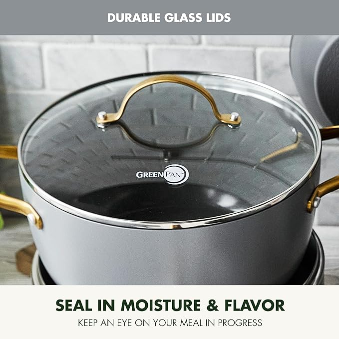 GreenPan Hard Anodized Healthy Ceramic Nonstick 8 Piece Cookware Pots and Pans Set Gold-Tone Stainless Steel Handles PFAS &amp PFOA-Free Dishwasher Safe Oven &amp Broiler Safe Charcoal