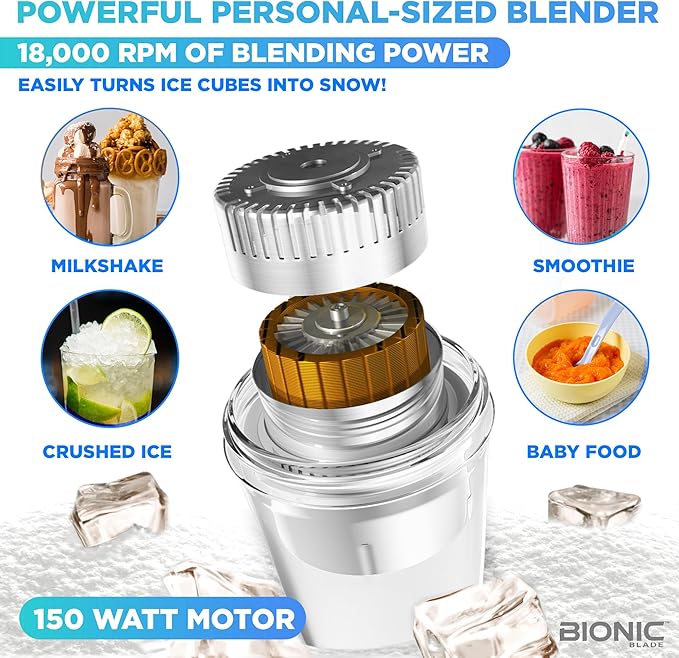 Bionic Blade Personal Portable Blender 26.5 oz with Extra Shaker &amp Lid Cordless &amp Rechargeable Airtight Mini Blender for Smoothies Shakes Juices &amp Sauces White As Seen on TV