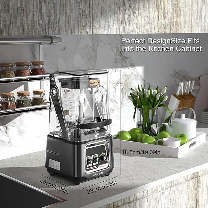 CRANDDI Commercial Blender 2200W Countertop Blenders with Removable Shield Quiet Smoothie Blender for Shakes and Ice Crushing 52oz 38000 RPM Professional Blenders for Kitchen K80 (Grey)