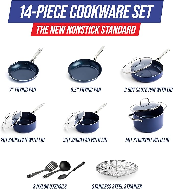Blue Diamond 14 Piece Nonstick Cookware Set Diamond Ceramic Pots &amp Pans Dishwasher &amp Metal Utensil Safe Non Toxic PFAS-Free Kitchen Cooking Sauce &amp Saute Pans Oven &amp Broiler to 60