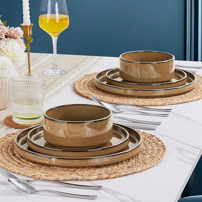 LIANYU 24 Piece Stoneware Dinnerware Sets Modern Plates and Bowls Dishes Set for 8 Elegant Dinning Dishware for Dinner Salad Cereal Dishwasher &amp Microwave Safe Amber Gold