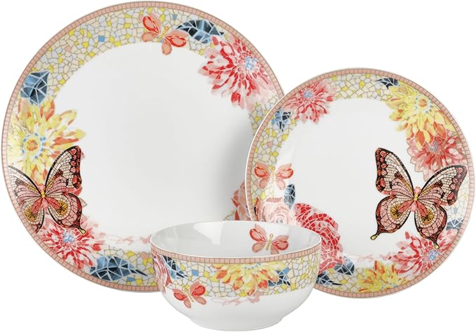 Dolly Parton 12 Piece Jeweled Mosaic Butterfly Dinnerware Set Porcelain Dinner Plates Salad Plates Bowls Service for 4 Microwave Dishwasher Safe