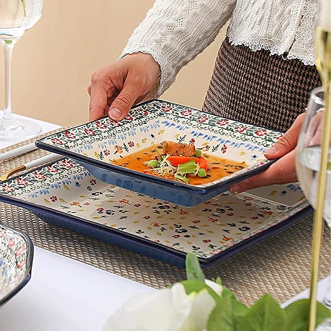 Dinnerware Sets - Luxury Gift Dishes Service Set Ceramics Dinnerware Set Bohemian Style Porcelain Dinner Sets of 34 | Folk-Custom Cereal Bowl and Steak Plate Set for Wedding Gift(A)