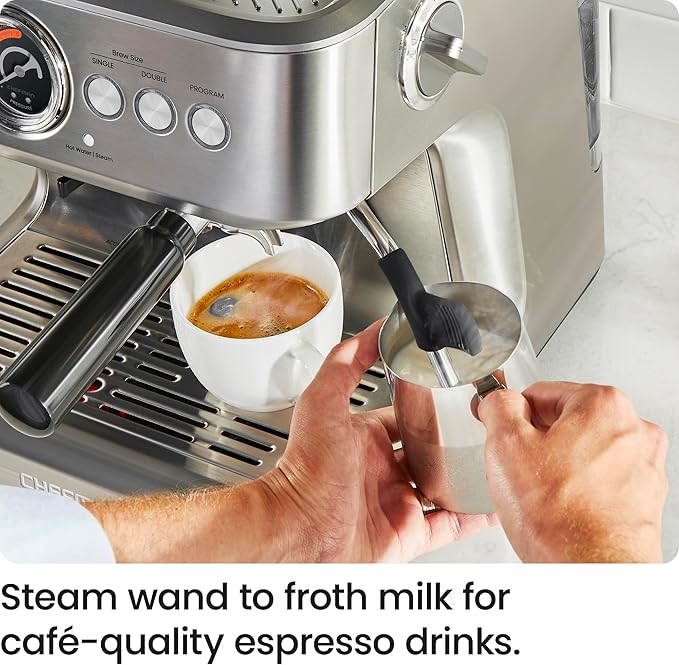 Chefman Crema Supreme 15 Bar Espresso Machine with Milk Frother Barista Steam Wand Professional Coffee Maker with Coffee Grinder 30 Grind Settings 3L Removable Water Tank - Stainless Steel