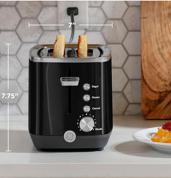 GE 2 Slice Black Stainless Steel Toaster Extra Wide Slots for Toasting Bagels Breads Waffles &amp More 7 Adjustable Shade Settings Removable Crumb Tray Countertop Kitchen Essentials 850 Watts