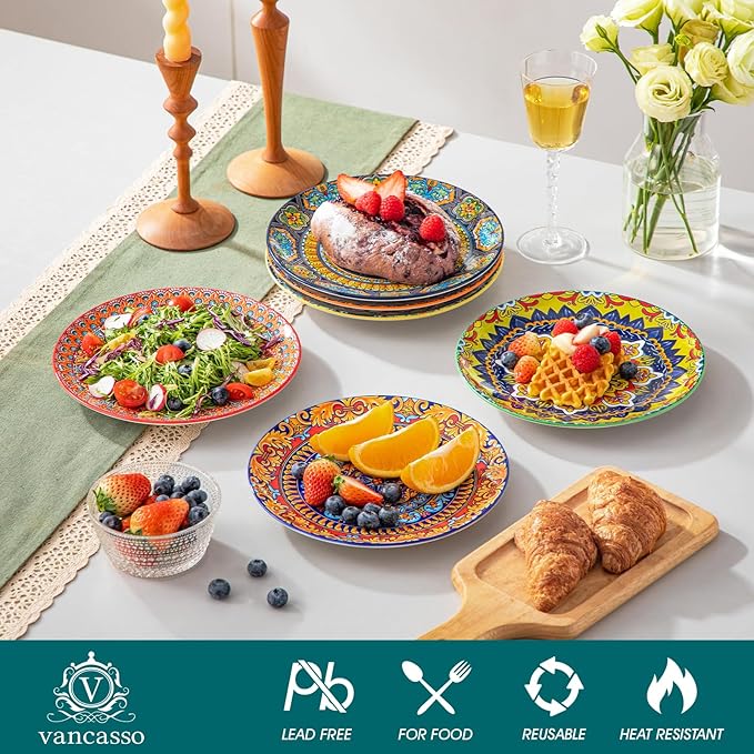 vancasso Colorful Dessert Plates Set of 6 8.5 Inch Ceramic Salad Plates Boho Small Dinner Plates Bohemian Printed Kitchen Plate for Breakfast Microwave &amp Dishwasher Safe Dishes Series KRVI