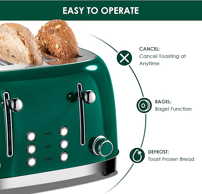 Roter Mond 4 Slice Toaster Retro Stainless Steel with Bagel Defrost Cancel Function 6 Browning Settings Extre Wide Slot and Removable Crumb Tray Green ST033