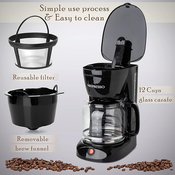 Mixpresso 12 Cup Coffee Pot Auto-Off &amp Reusable Filter Large Drip Coffee Maker Borosilicate Glass Carafe Anti-Drip Water Window Easy On/Off Switch Black Coffee Machine
