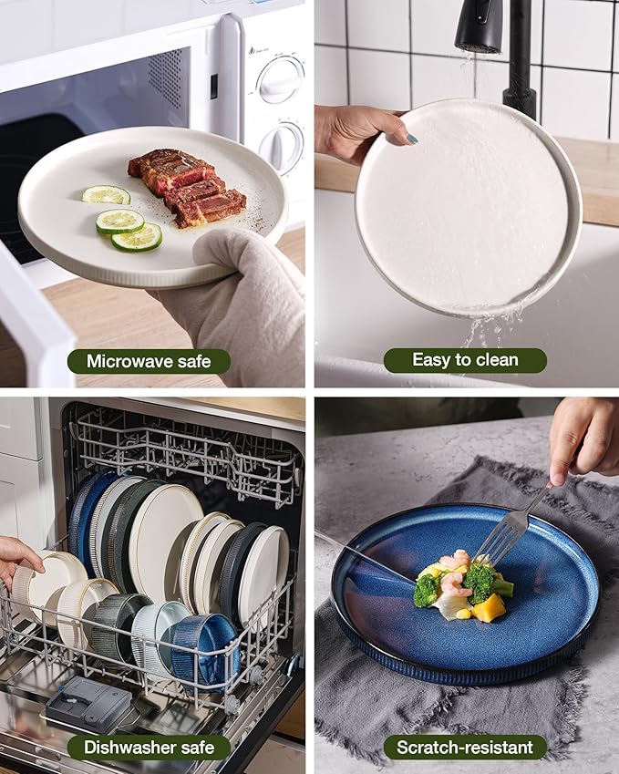 Famiware Star Dinnerware Set Plates and Bowls Sets for 8 (24pcs) Ribbed Stoneware Dishes - Chip &amp Scratch Resistant Microwave &amp Dishwasher Safe Multicolor - Matte White &amp Matte Dark Ch