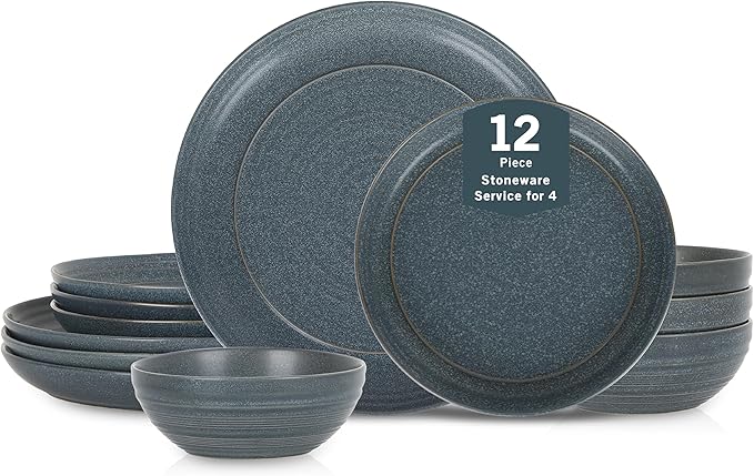 Stone Lain Elio 12-Piece Dinnerware Set Stoneware Plates and Bowls Set Dish Set for 4 Blue