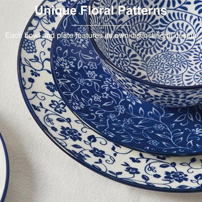 ONEMORE 12 Piece Ceramic Dinnerware Set for 4 Vintage Blue Stoneware Plates &amp Bowls Set - Scratch Resistant Microwave Dishwasher &amp Oven Safe Everyday Family Meals