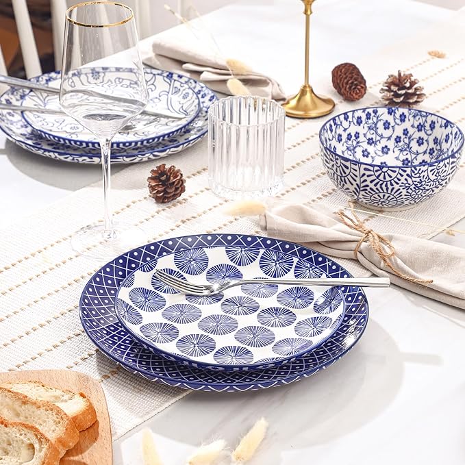 Selamica Ceramic Plates and Bowls Sets18 Pieces Retro Floral Dinnerware Sets for 6Dishwasher &amp Microwave Safe dish setFamily &amp Holiday Dining Vintage Blue