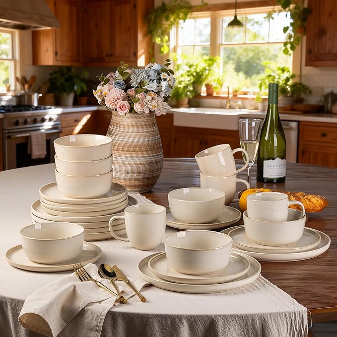 GBHOME Dinnerware Sets for 4 12 Pieces Stoneware Plates and Bowls Sets Scratch Resistant Dishes Dishwasher &amp Microwave Safe Reactive Glaze-Vanilla color