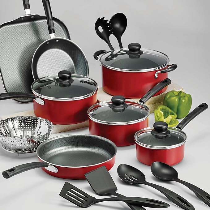 18-Piece Red Non-Stick Cookware Set Includes Multiple Pots Pans &amp Steamer Universal Stovetop Dishwasher Safe Lightweight Aluminum Kitchen Cookware