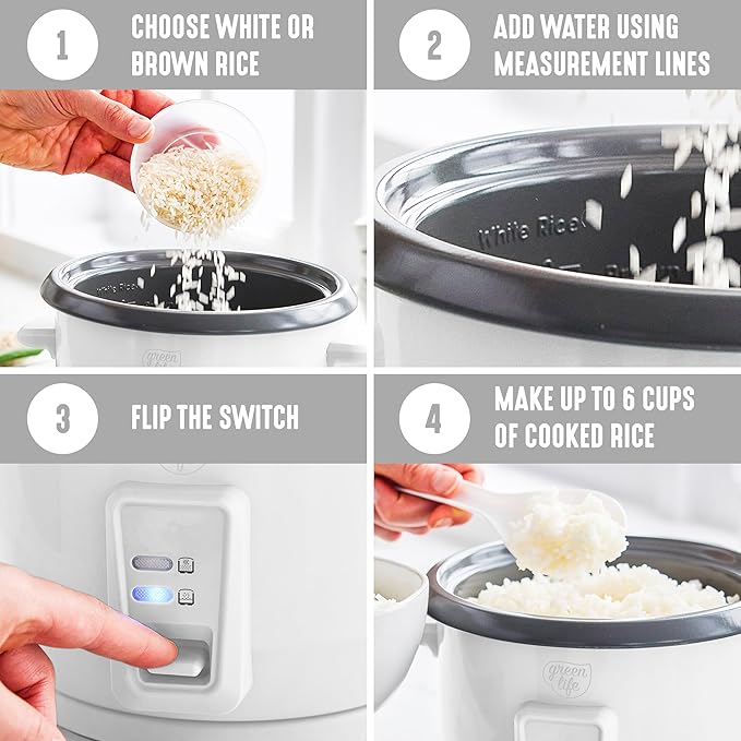 GreenLife Rice Cooker with Removable PFAS-Free Ceramic Nonstick Pot 3-Cups Uncooked/6-Cups Cooked Grains &amp Oatmeal Multicooker Compact One-Switch Design Auto Keep Warm Easy Clean White