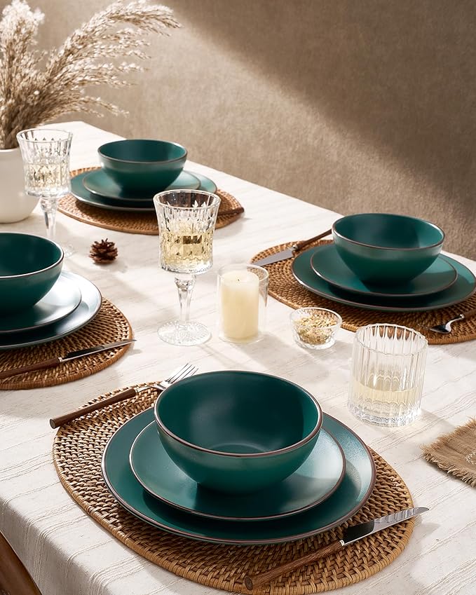 Famiware Venus Plates and Bowls Sets 18 Pieces Stoneware Speckled Dinnerware Dishes Set for 6 Matte Dark Green - Microwave &amp Dishwasher Safe Modern Minimalist for Everyday Meals &amp Formal D