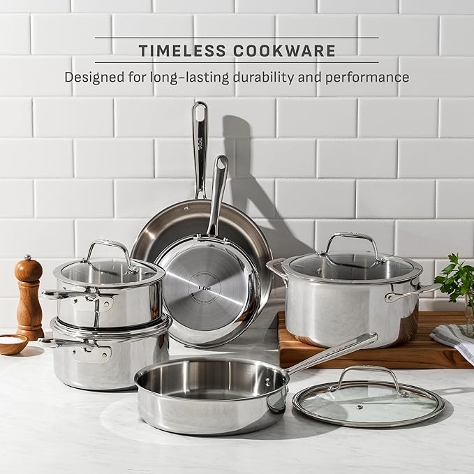 T-fal Pro Tri-Ply Stainless Steel Cookware Set 10 Piece-Induction Compatible Oven Safe 500F Lids-350F Even Heat Professional Quality Durable Induction Pots and Pans Set Silver