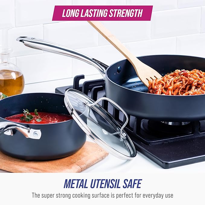 Blue Diamond Cookware Hard Anodized Ceramic Nonstick 10 Piece Cookware Pots and Pans Set Non-Toxic PFAS-Free Dishwasher and Oven Safe Durable Even Heating Metal Utensil Safe Gray