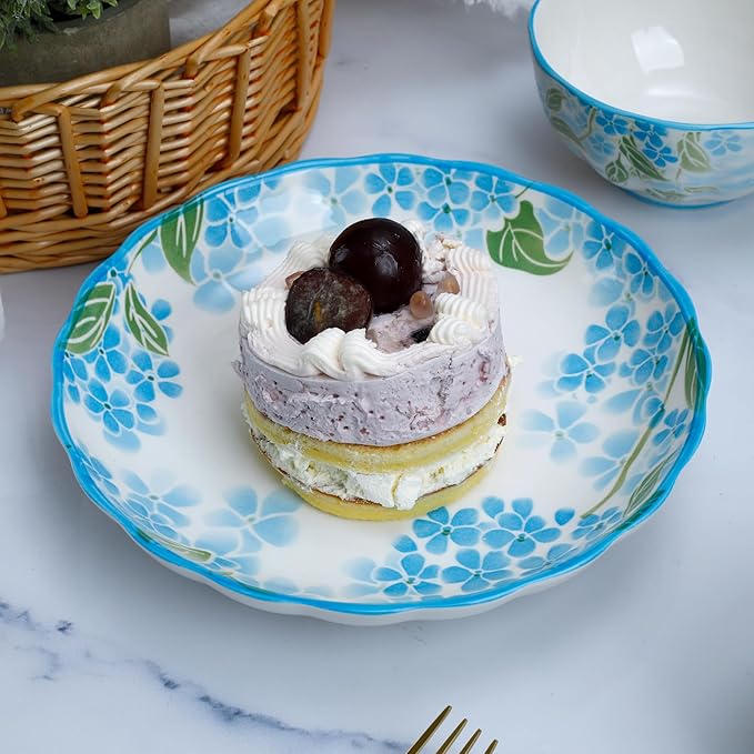 White &amp Blue Floral Porcelain Dinnerware Set 14-Piece Plates &amp Bowls Sets Microwave &amp Dishwasher Safe Elegant Gift Packaging