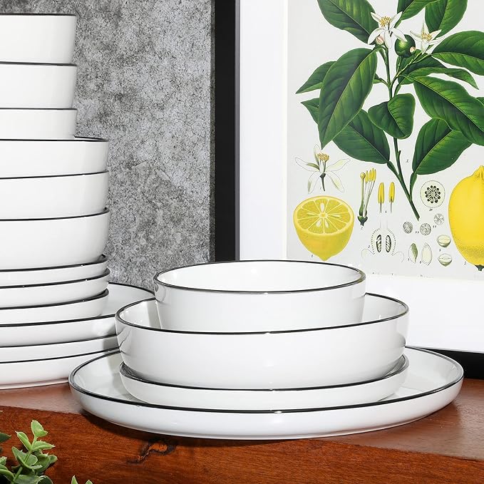 Gibson Home Oslo 16-Piece Porcelain Dinnerware Set Service for 4 – White Plates with Black Rim Microwave &amp Dishwasher Safe